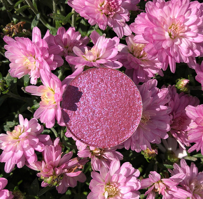 Purple pink eyeshadow shimmer shine gloss on pink flowers summer sun 