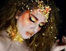 Load image into Gallery viewer, Beautanica wearing golden makeup. Dramatic golden eye makeup. Editorial makeup 

